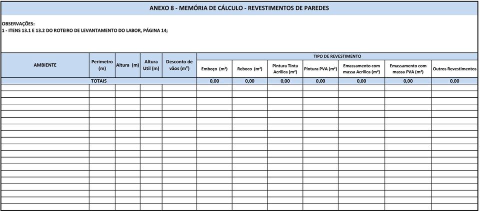 Util (m) Desconto de vãos (m²) Emboço (m²) Reboco (m²) Pintura Tinta Acrilica (m²) TIPO DE