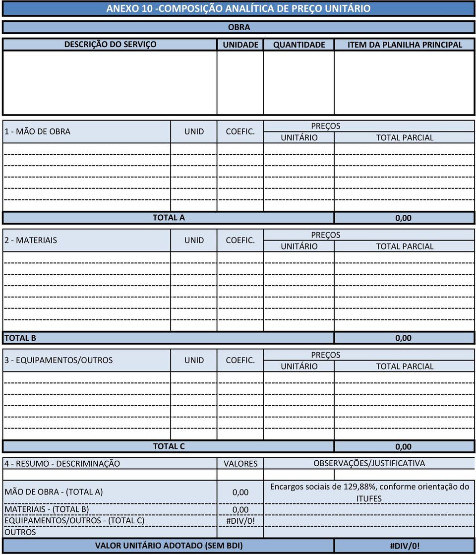 PREÇOS UNITÁRIO TOTAL PARCIAL 4 - RESUMO - DESCRIMINAÇÃO VALORES MÃO DE OBRA - (TOTAL A) MATERIAIS -(TOTAL B) EQUIPAMENTOS/OUTROS -(TOTAL C) OUTROS