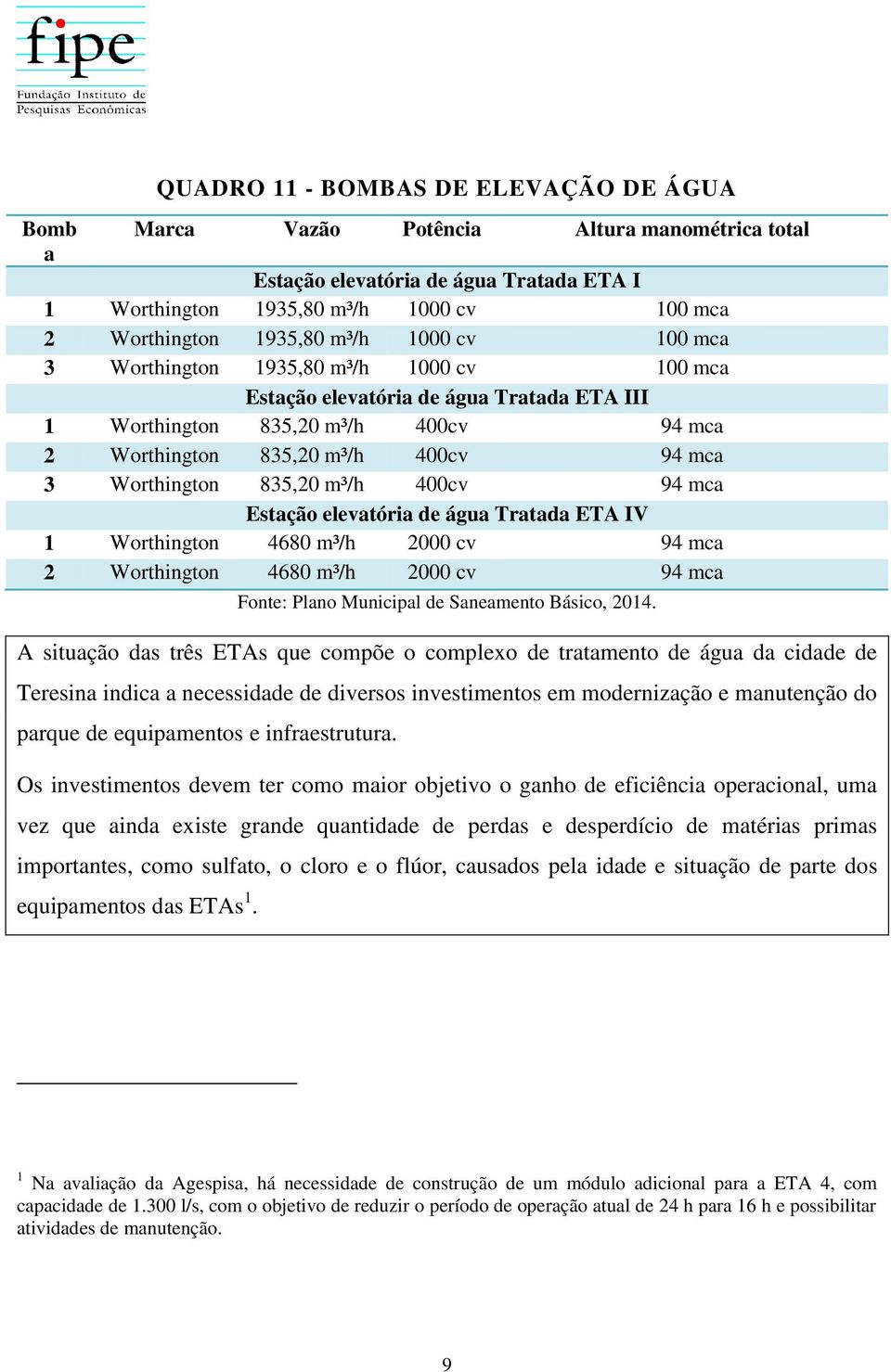 835,20 m³/h 400cv 94 mca Estação elevatória de água Tratada ETA IV 1 Worthington 4680 m³/h 2000 cv 94 mca 2 Worthington 4680 m³/h 2000 cv 94 mca Fonte: Plano Municipal de Saneamento Básico, 2014.