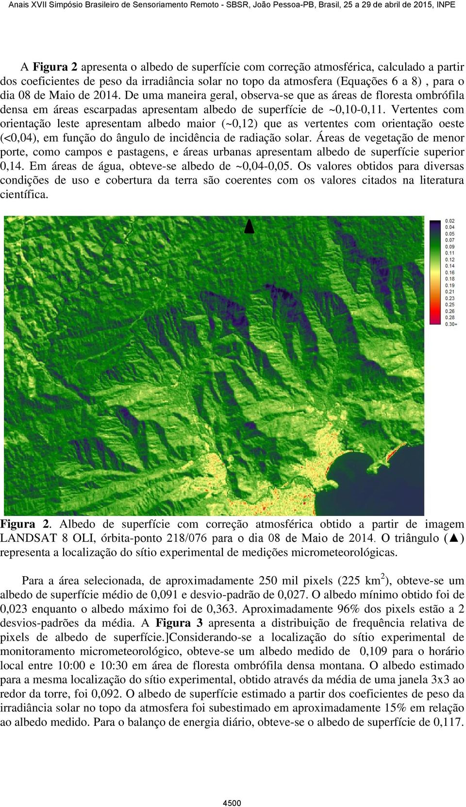 Vertentes com orientação leste apresentam albedo maior (~0,12) que as vertentes com orientação oeste (<0,04), em função do ângulo de incidência de radiação solar.