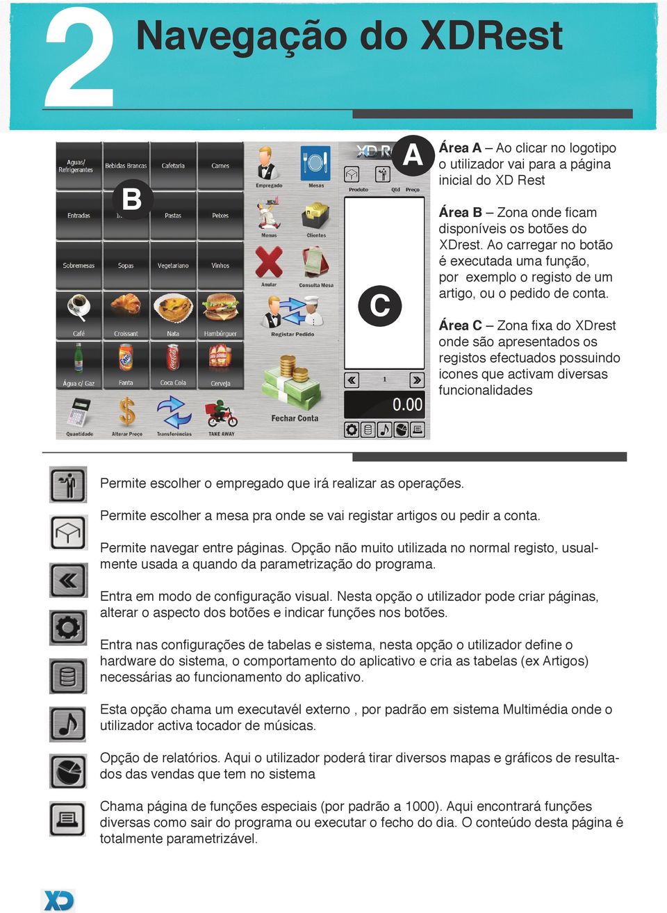 Área C Zona fixa do XDrest onde são apresentados os registos efectuados possuindo icones que activam diversas funcionalidades Permite escolher o empregado que irá realizar as operações.