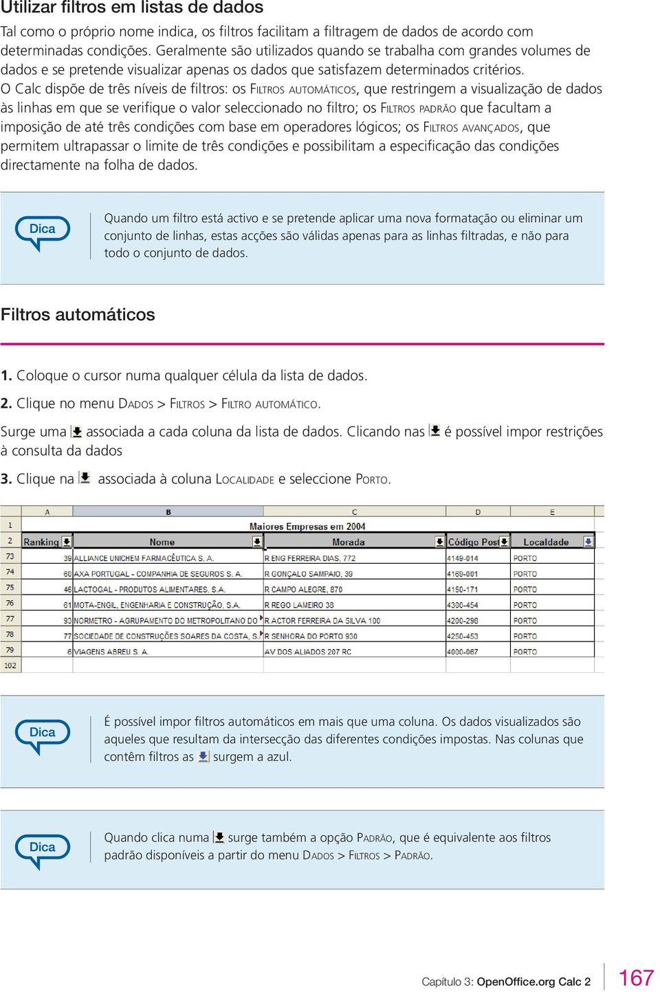 O Calc dispõe de três níveis de filtros: os FILTROS AUTOMÁTICOS, que restringem a visualização de dados às linhas em que se verifique o valor seleccionado no filtro; os FILTROS PADRÃO que facultam a