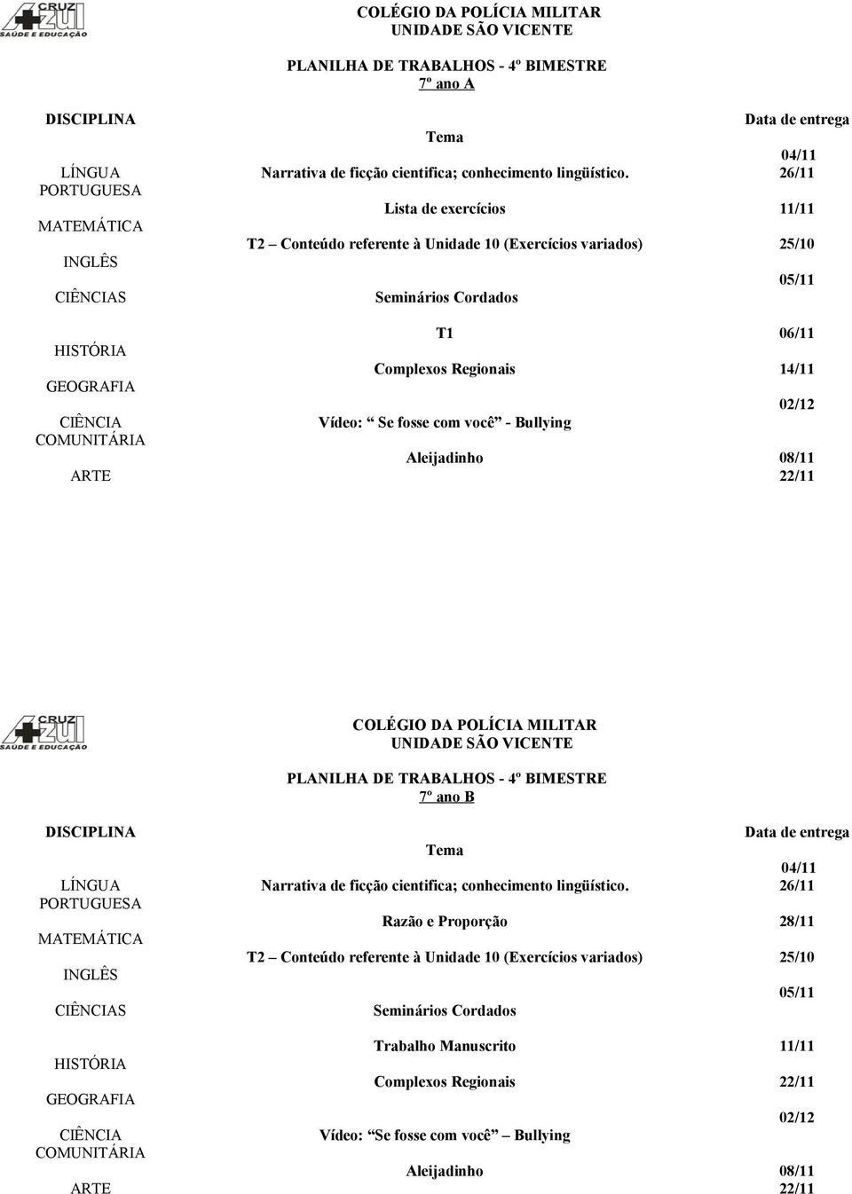 Bullying Aleijadinho 7º ano B S Narrativa de ficção cientifica; conhecimento lingüístico.