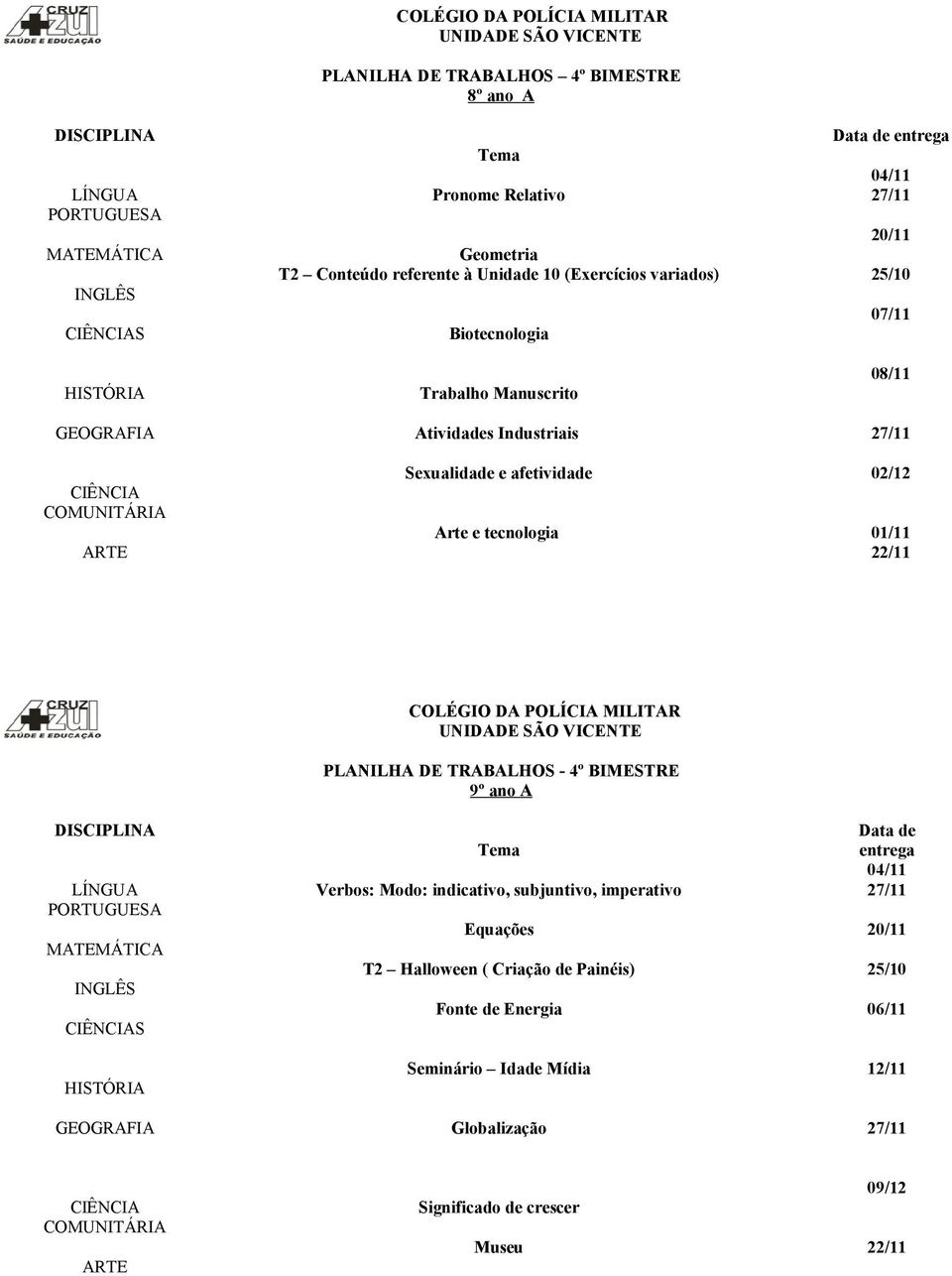 Modo: indicativo, subjuntivo, imperativo Data de entrega 27/11 Equações 20/11 T2 Halloween ( Criação de