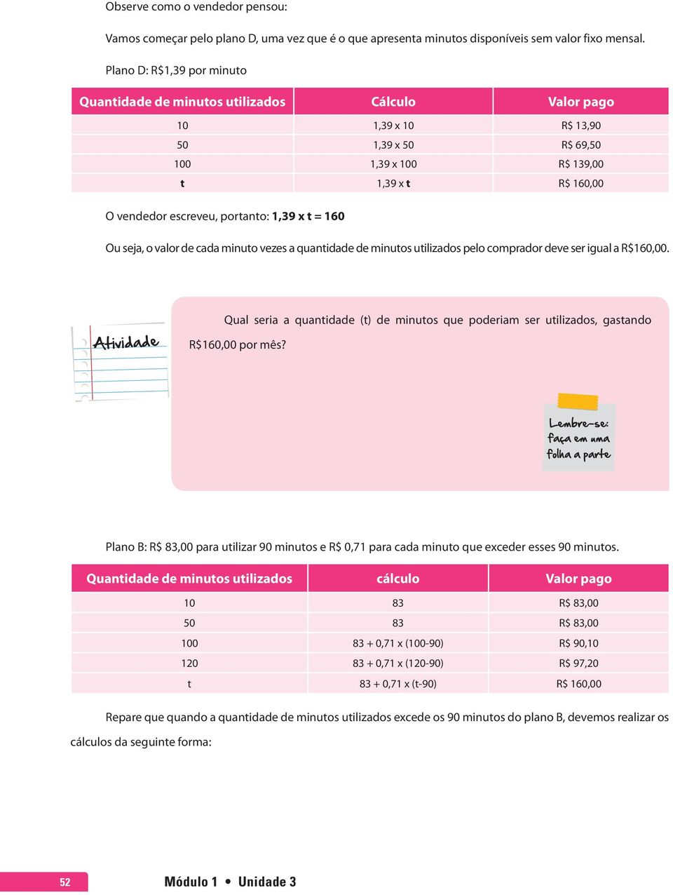 1,39 x t = 160 Ou seja, o valor de cada minuto vezes a quantidade de minutos utilizados pelo comprador deve ser igual a R$160,00.