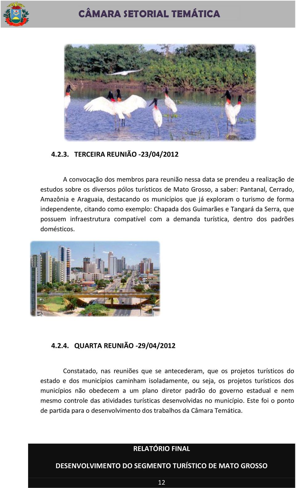 Amazônia e Araguaia, destacando os municípios que já exploram o turismo de forma independente, citando como exemplo: Chapada dos Guimarães e Tangará da Serra, que possuem infraestrutura compatível