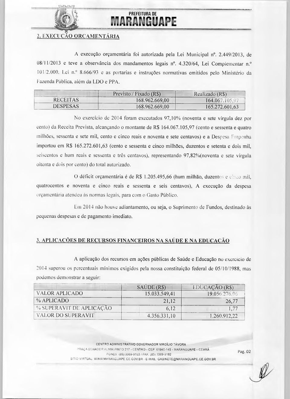 Previsto / Fixado (R$) Realizado (R$) RECEITAS 168.962.669,00 164.067.105,97 DESPESAS 168.962.669,00 165.272.