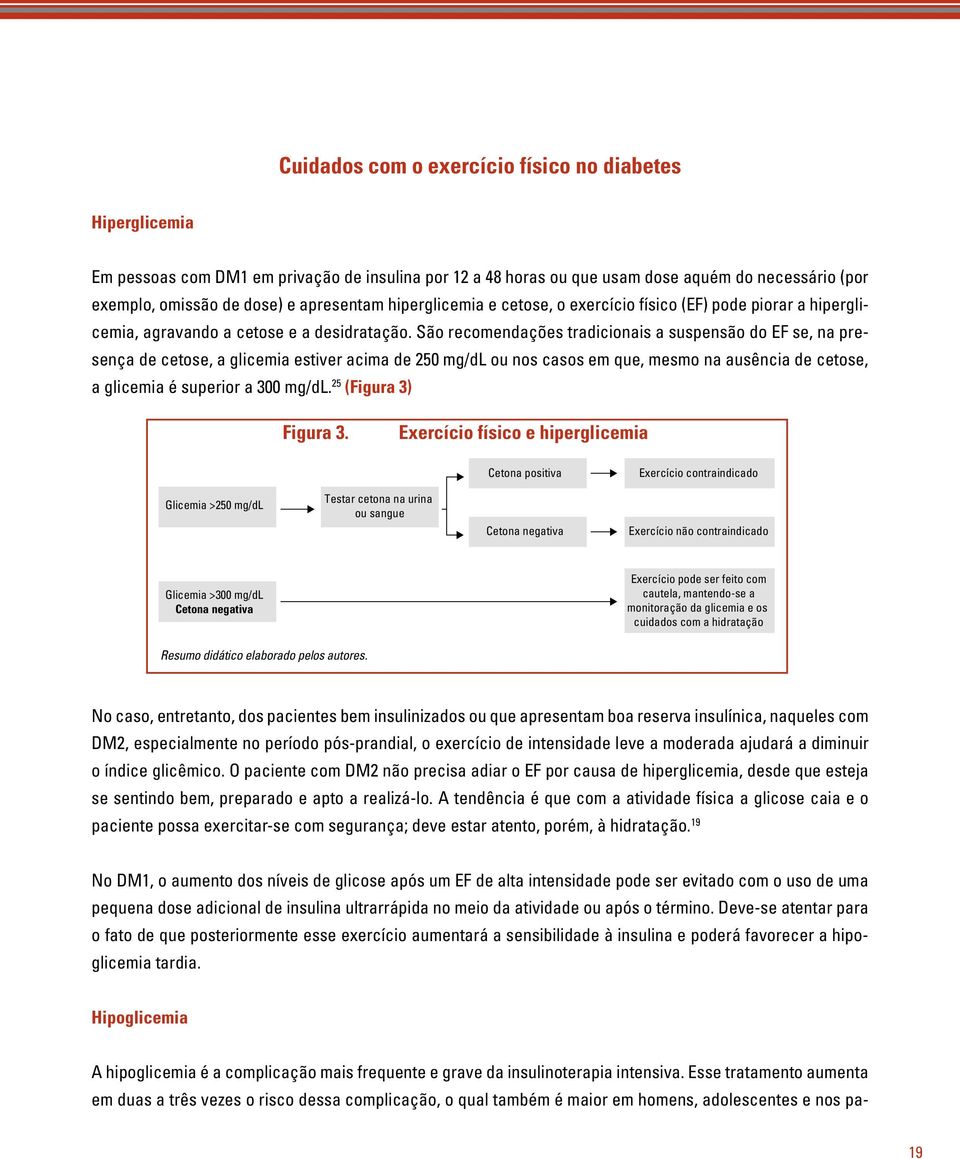 São recomendações tradicionais a suspensão do EF se, na presença de cetose, a glicemia estiver acima de 250 mg/dl ou nos casos em que, mesmo na ausência de cetose, a glicemia é superior a 300 mg/dl.