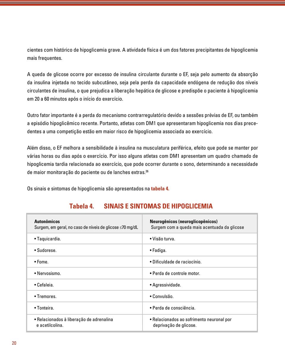 dos níveis circulantes de insulina, o que prejudica a liberação hepática de glicose e predispõe o paciente à hipoglicemia em 20 a 60 minutos após o início do exercício.