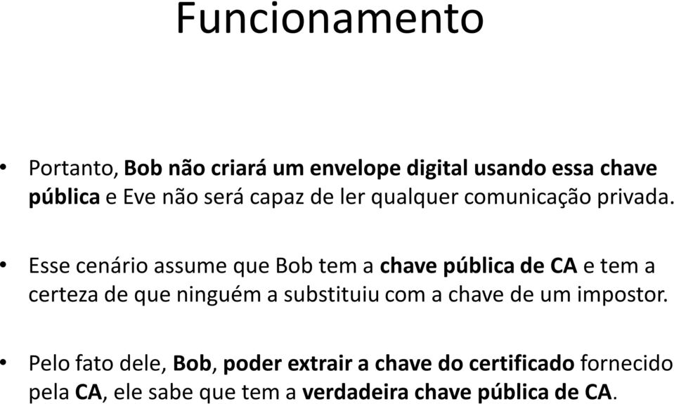 Esse cenário assume que Bob tem a chave pública de CA e tem a certeza de que ninguém a substituiu