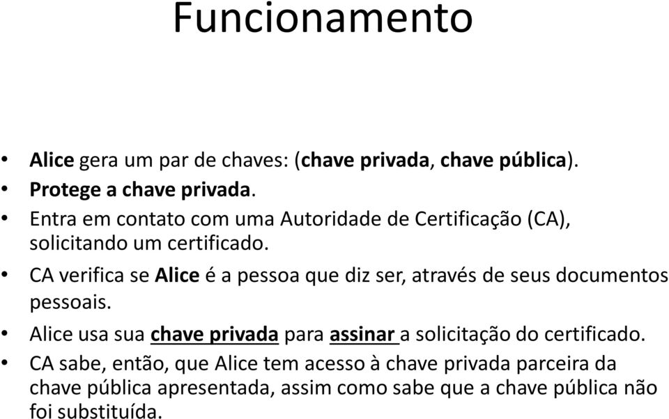 CA verifica se Alice é a pessoa que diz ser, através de seus documentos pessoais.