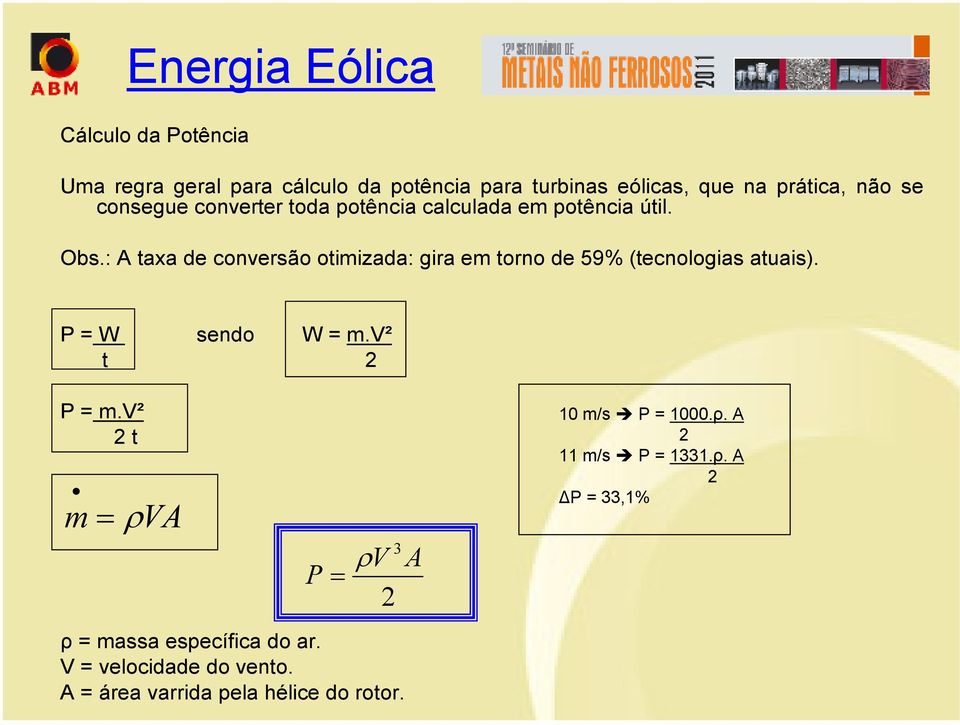 : A taxa de conversão otimizada: gira em torno de 59% (tecnologias atuais). P = W sendo W = m.v² t 2 P = m.