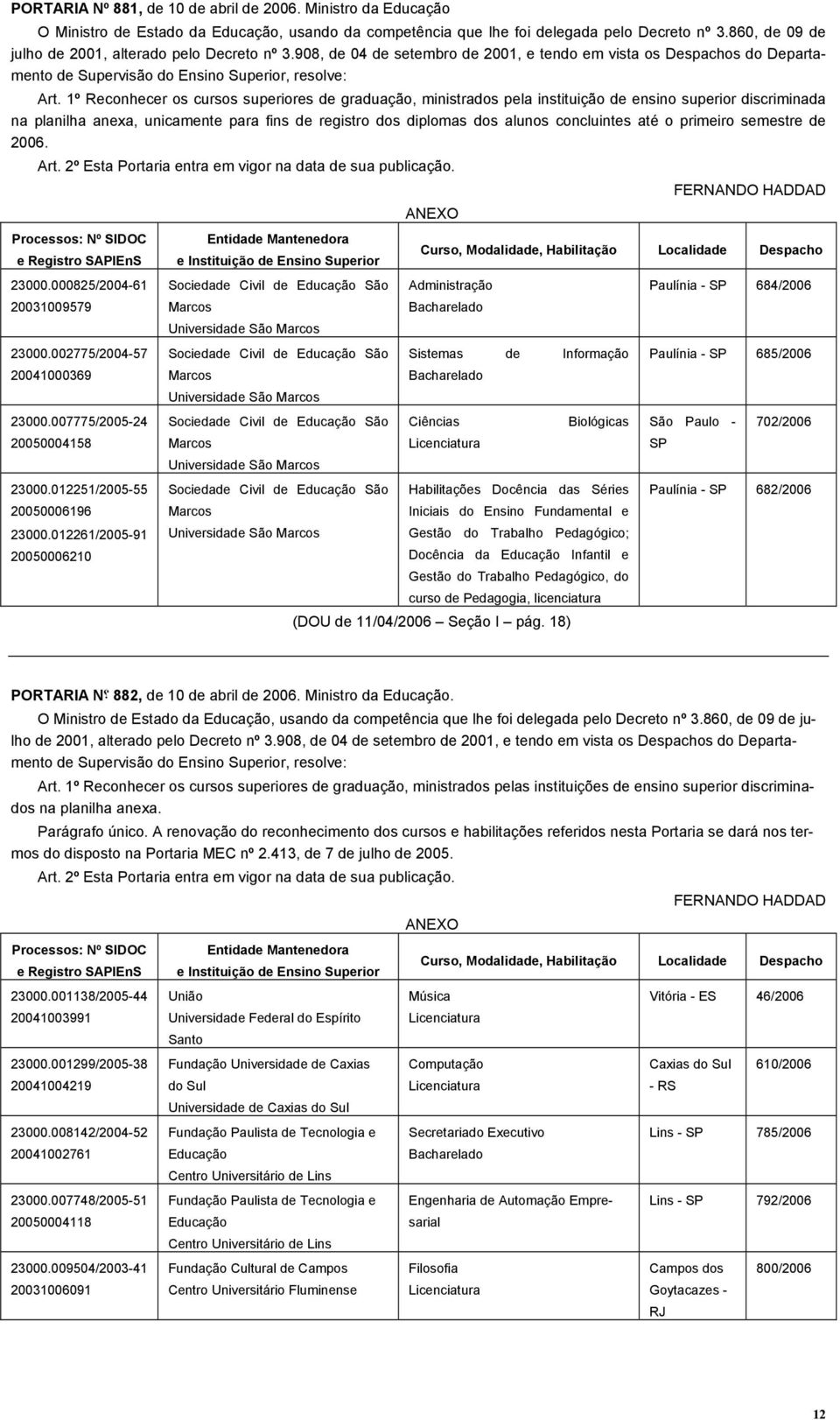 1º Reconhecer os cursos superiores de graduação, ministrados pela instituição de ensino superior discriminada na planilha anexa, unicamente para fins de registro dos diplomas dos alunos concluintes