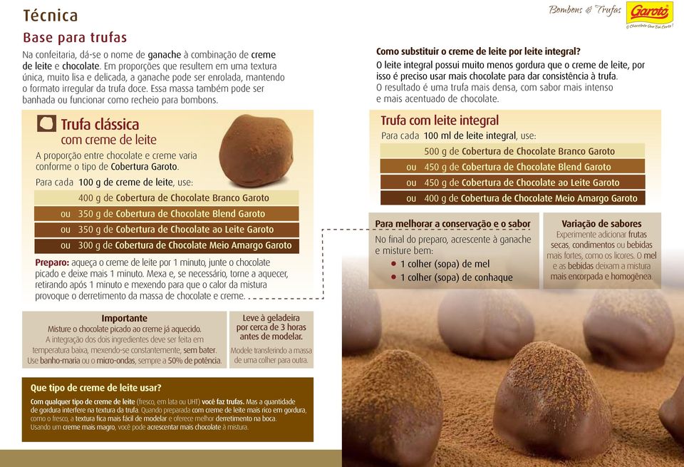 Essa massa também pode ser banhada ou funcionar como recheio para bombons. Trufa clássica com creme de leite A proporção entre chocolate e creme varia conforme o tipo de Cobertura Garoto.