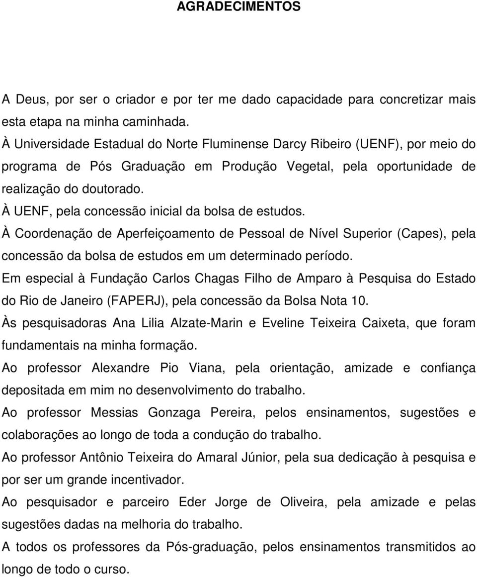 À UENF, pela concessão inicial da bolsa de estudos. À Coordenação de Aperfeiçoamento de Pessoal de Nível Superior (Capes), pela concessão da bolsa de estudos em um determinado período.