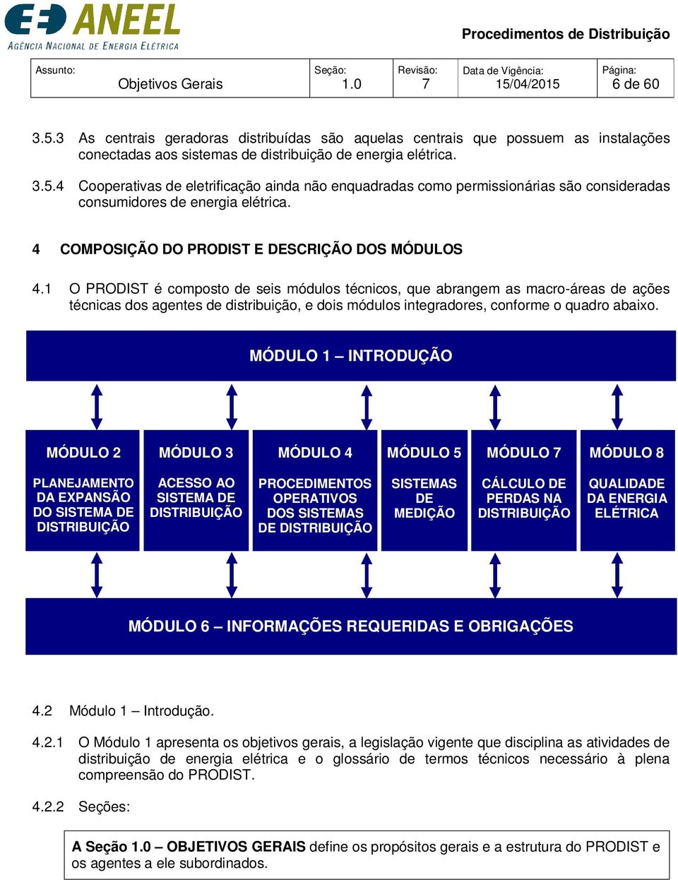 1 O é composto de seis módulos técnicos, que abrangem as macro-áreas de ações técnicas dos agentes de distribuição, e dois módulos integradores, conforme o quadro abaixo.