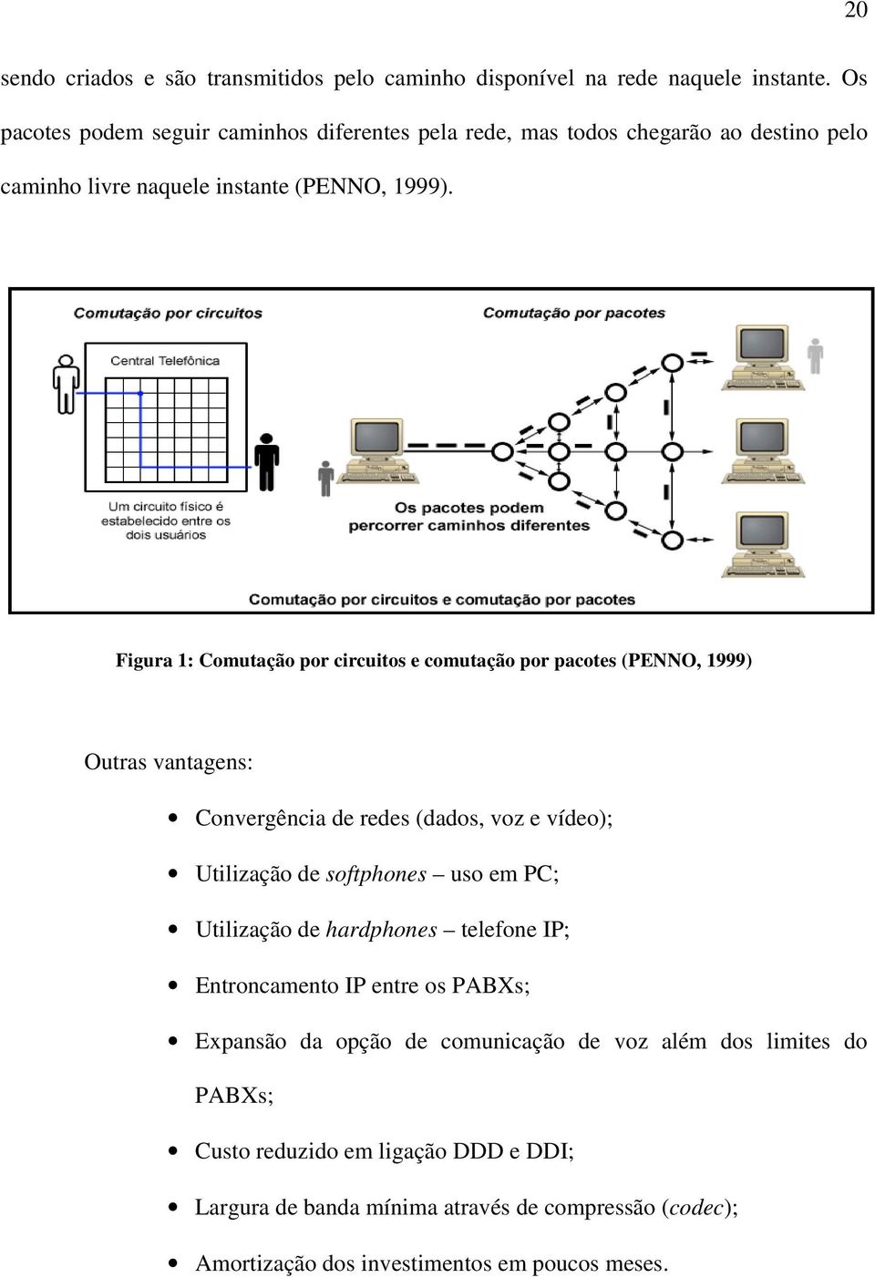 Figura 1: Comutação por circuitos e comutação por pacotes (PENNO, 1999) Outras vantagens: Convergência de redes (dados, voz e vídeo); Utilização de softphones uso em