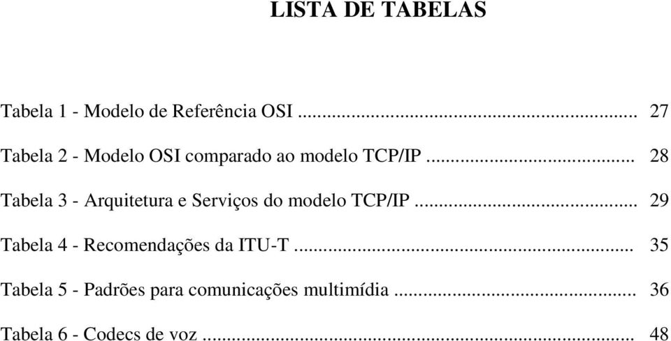.. 28 Tabela 3 - Arquitetura e Serviços do modelo TCP/IP.