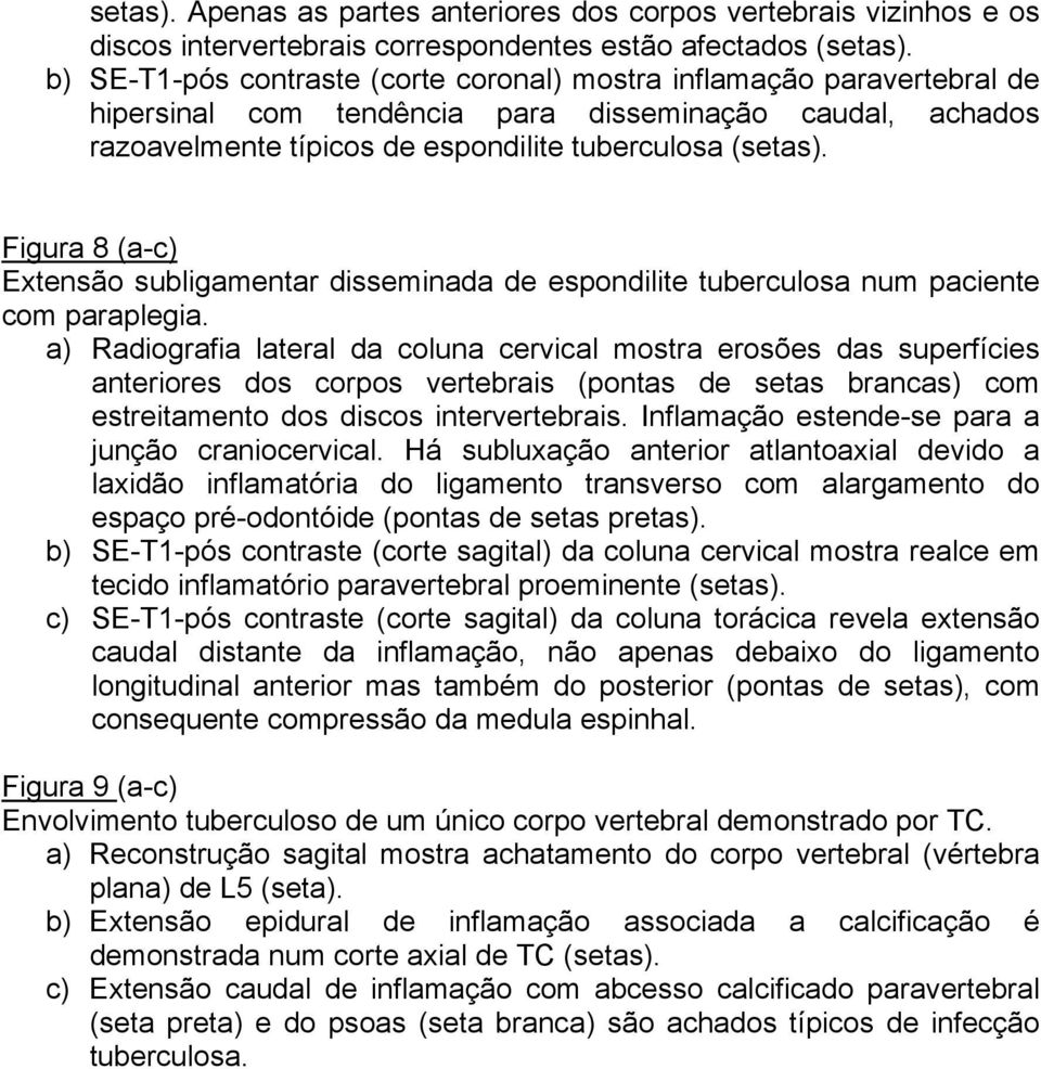 Figura 8 (a-c) Extensão subligamentar disseminada de espondilite tuberculosa num paciente com paraplegia.