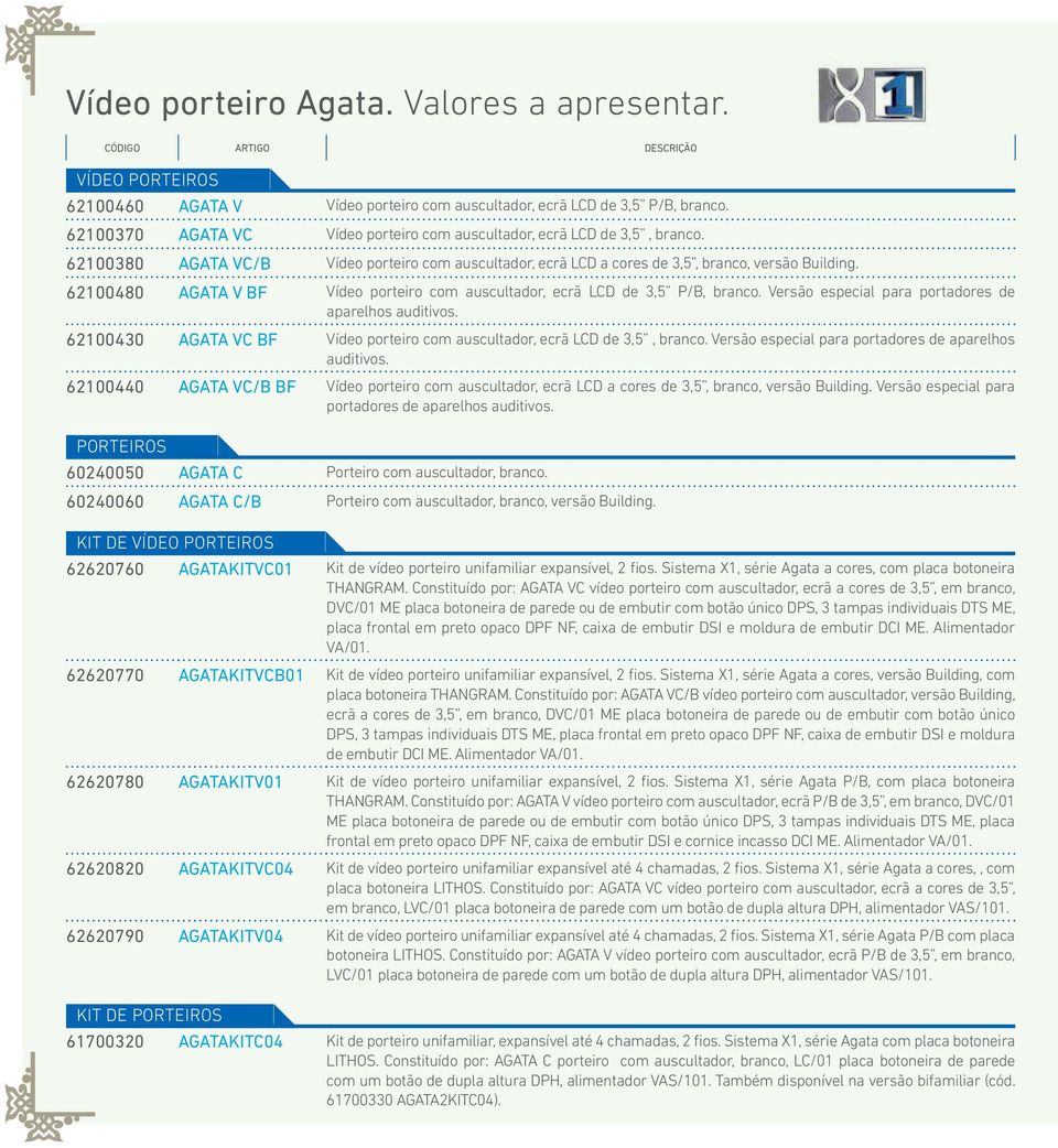 62100480 AGATA V BF Vídeo porteiro com auscultador, ecrã LCD de 3,5 P/B, branco. Versão especial para portadores de aparelhos auditivos.