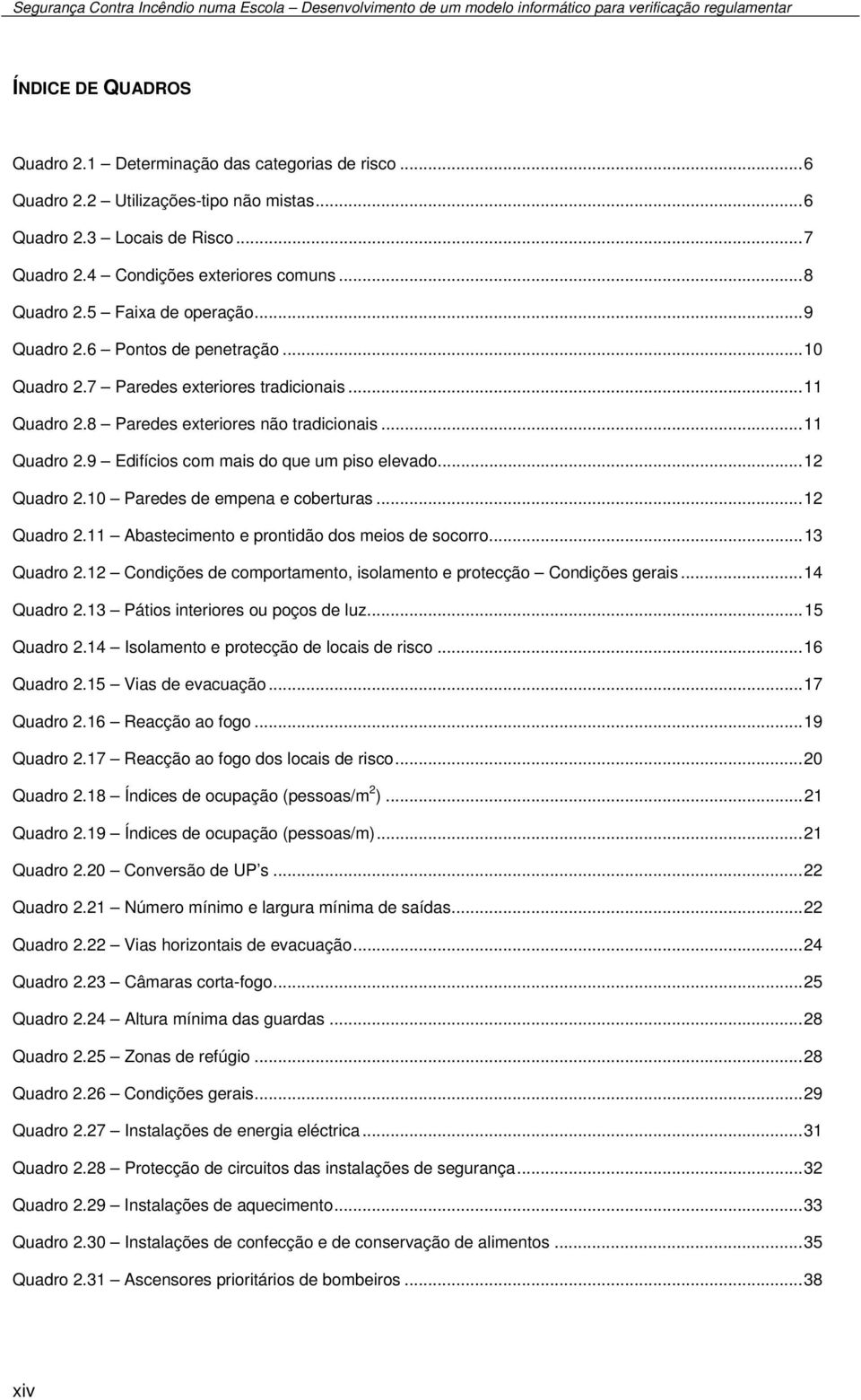 .. 12 Quadro 2.10 Paredes de empena e coberturas... 12 Quadro 2.11 Abastecimento e prontidão dos meios de socorro... 13 Quadro 2.12 Condições de comportamento, isolamento e protecção Condições gerais.