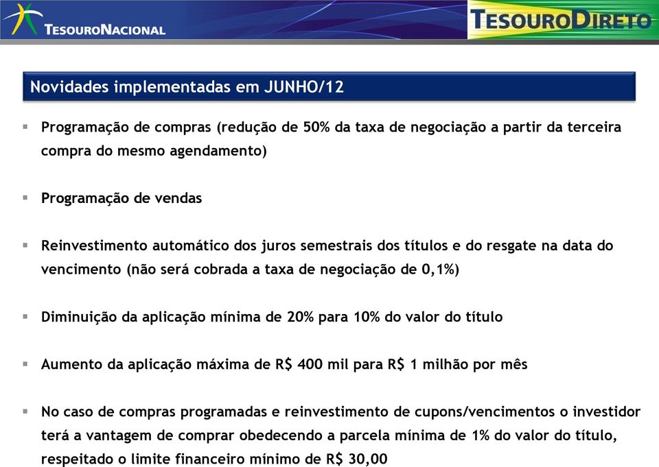 aplicação mínima de 20% para 10% do valor do título Aumento da aplicação máxima de R$ 400 mil para R$ 1 milhão por mês No caso de compras programadas e