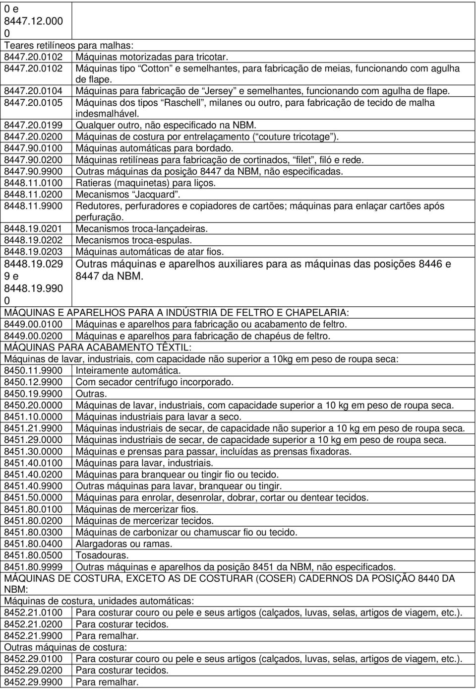 8447.9.1 Máquinas automáticas para bordado. 8447.9.2 Máquinas retilíneas para fabricação de cortinados, filet, filó e rede. 8447.9.99 Outras máquinas da posição 8447 da NBM, não especificadas. 8448.