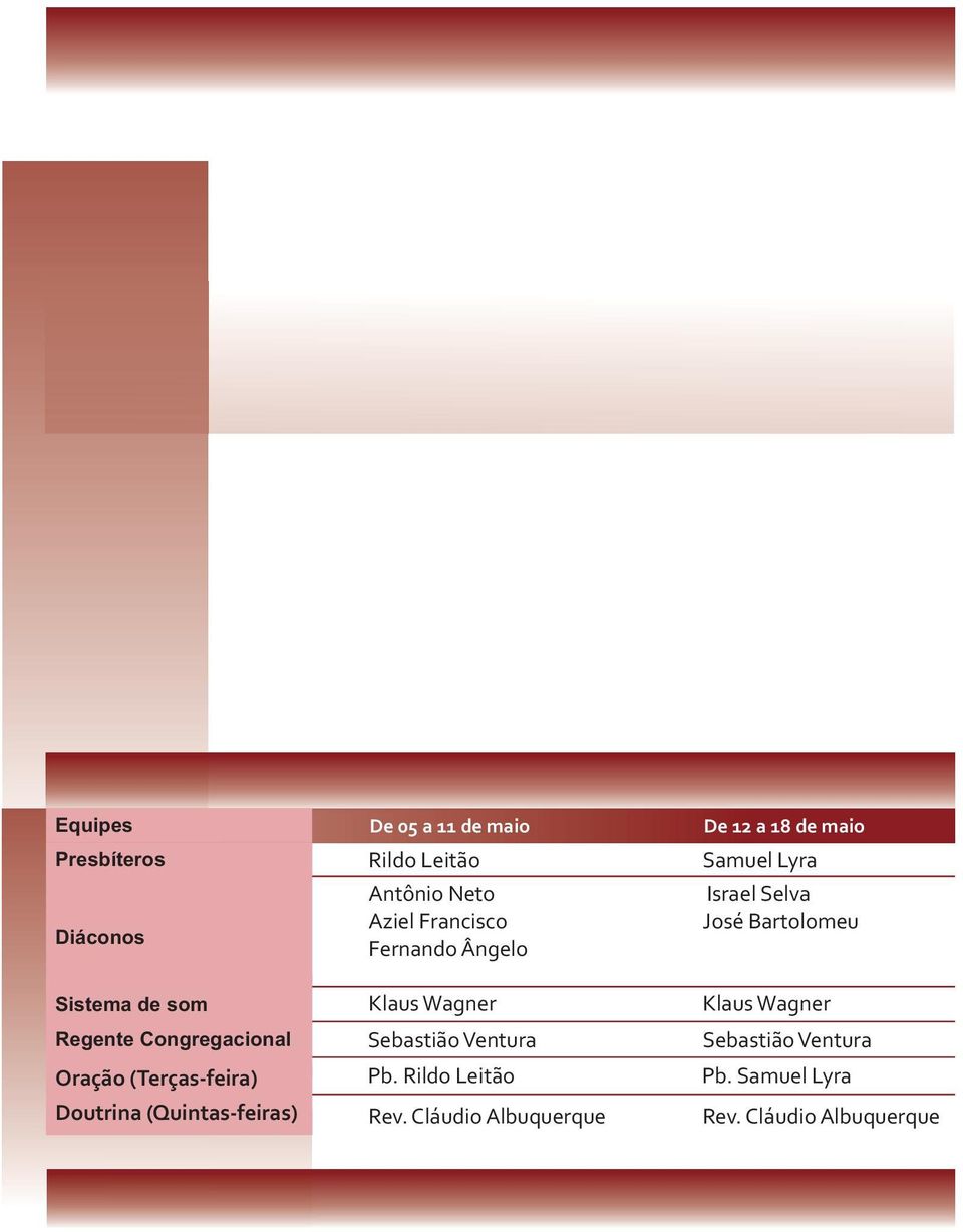 05 a 11 de maio De 12 a 18 de maio Presbíteros Rildo Leitão Samuel Lyra Diáconos ESCALAS E PLANTÕES Antônio Neto Israel Selva Aziel Francisco José Bartolomeu Fernando Ângelo Sistema de som Klaus
