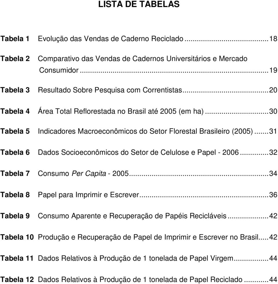 ..31 Tabela 6 Dados Socioeconômicos do Setor de Celulose e Papel - 2006...32 Tabela 7 Consumo Per Capita - 2005...34 Tabela 8 Papel para Imprimir e Escrever.