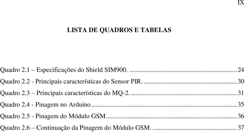 3 Principais características do MQ-2.... 31 Quadro 2.4 - Pinagem no Arduino.