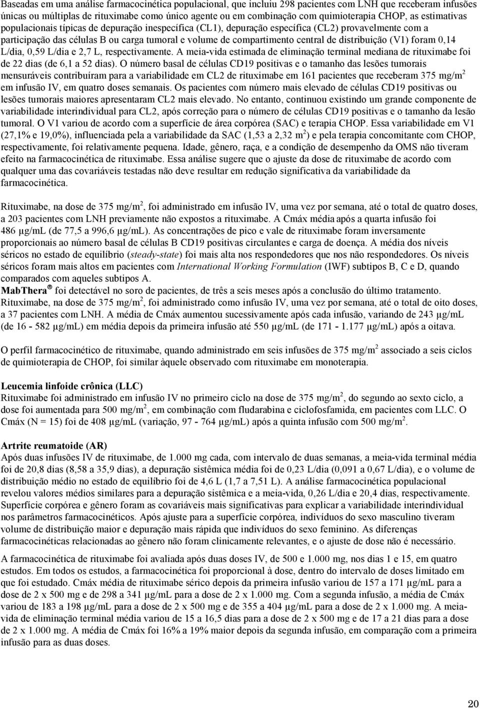 central de distribuição (V1) foram 0,14 L/dia, 0,59 L/dia e 2,7 L, respectivamente. A meia-vida estimada de eliminação terminal mediana de rituximabe foi de 22 dias (de 6,1 a 52 dias).