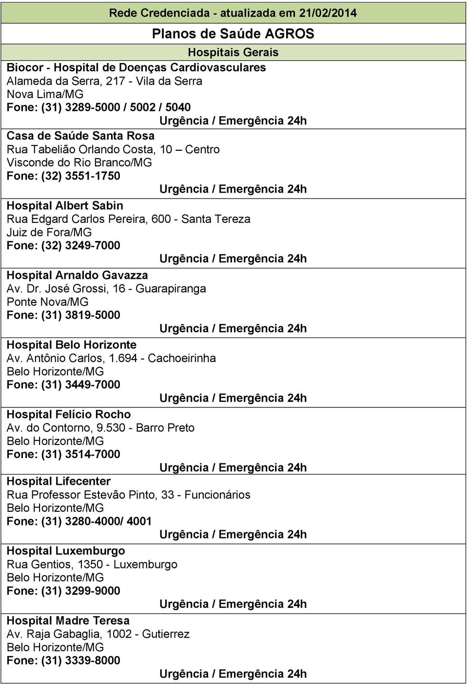 Edgard Carlos Pereira, 600 - Santa Tereza Fone: (32) 3249-7000 Urgência / Emergência 24h Hospital Arnaldo Gavazza Av. Dr.