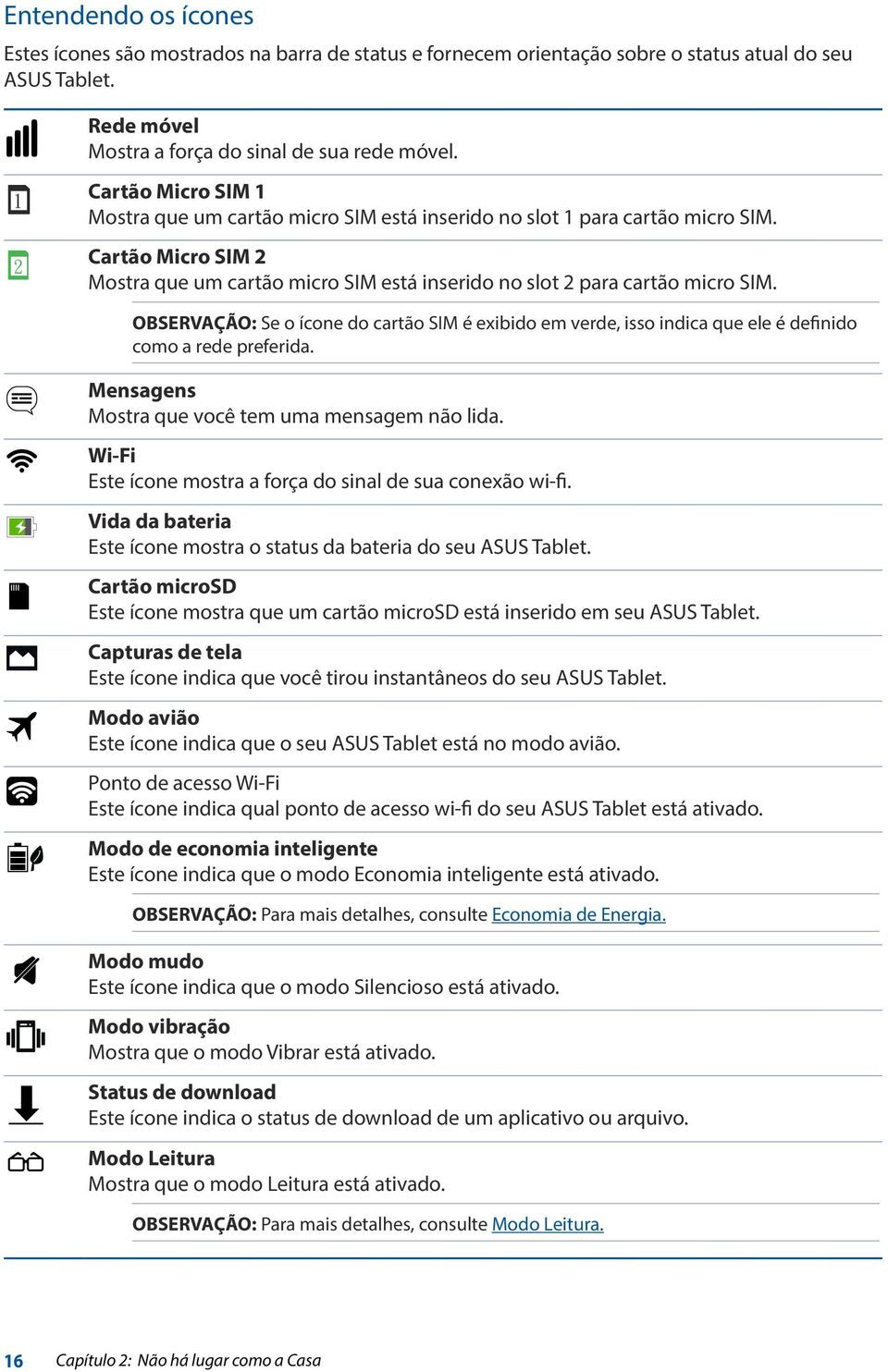 OBSERVAÇÃO: Se o ícone do cartão SIM é exibido em verde, isso indica que ele é definido como a rede preferida. Mensagens Mostra que você tem uma mensagem não lida.