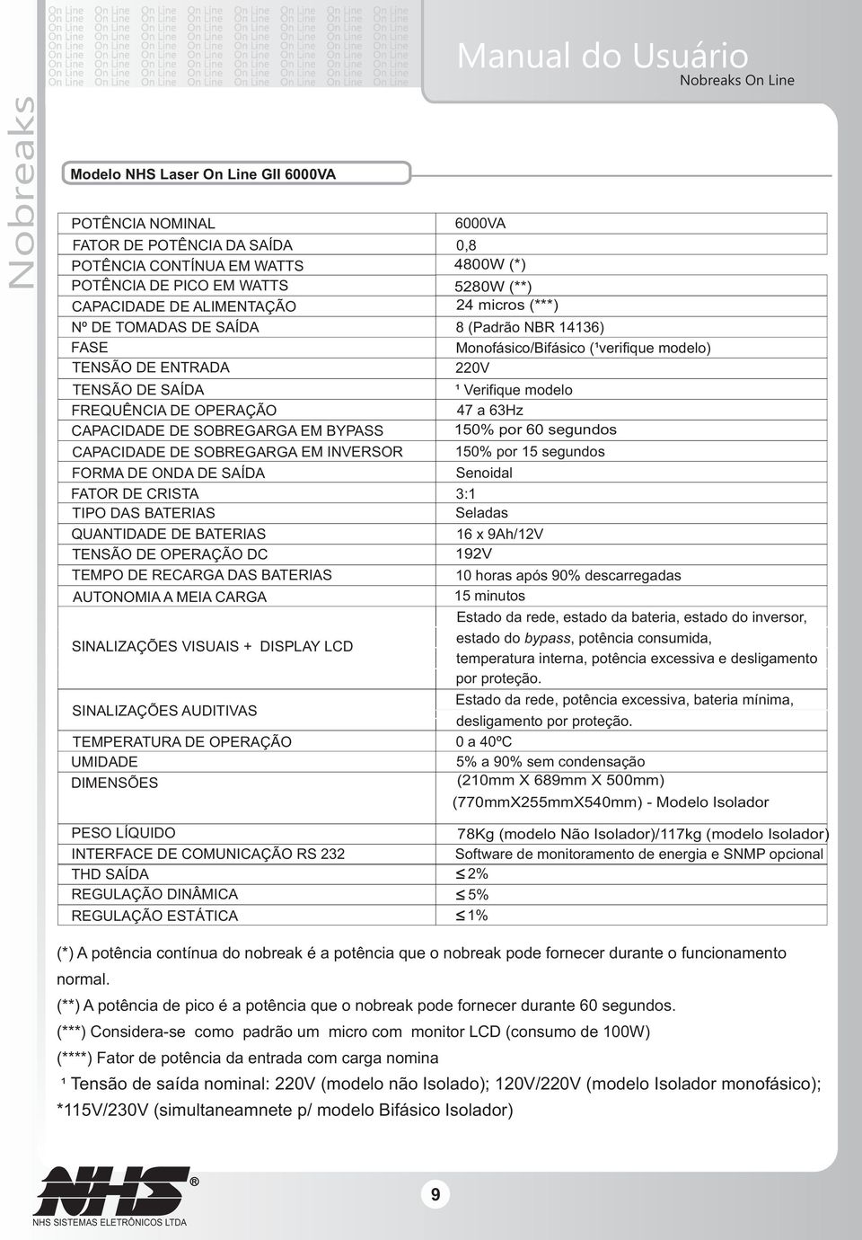 DE ONDA DE SAÍDA Monofásico/Bifásico ( verifique modelo) 220V ¹ Verifique modelo 47 a 63Hz 150% por 60 segundos 150% por 15 segundos Senoidal FATOR DE CRISTA 3:1 TIPO DAS BATERIAS Seladas QUANTIDADE