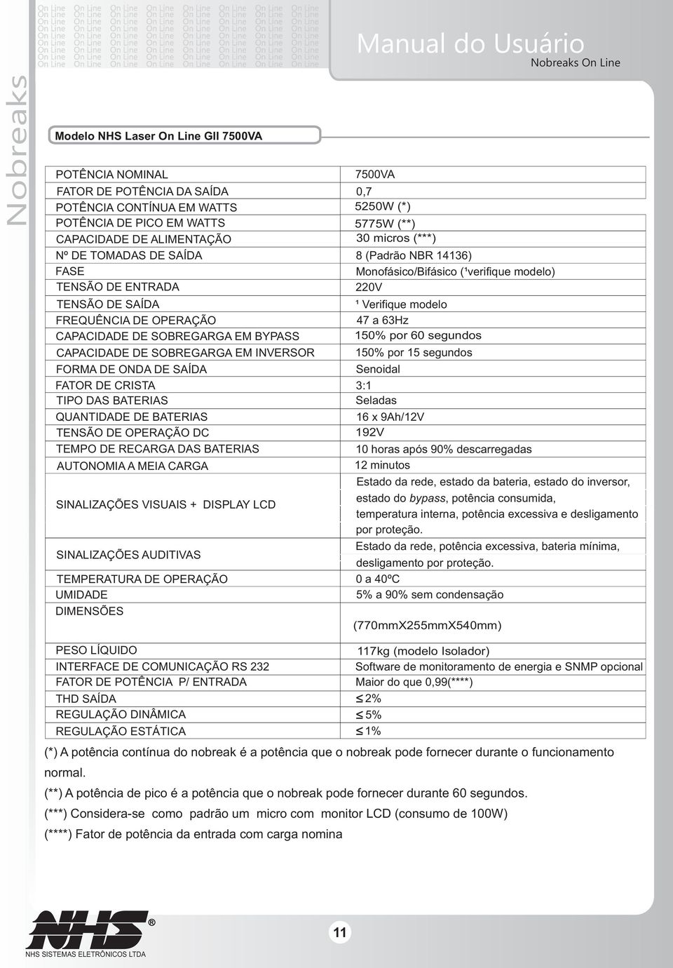 DE ONDA DE SAÍDA Monofásico/Bifásico ( verifique modelo) 220V ¹ Verifique modelo 47 a 63Hz 150% por 60 segundos 150% por 15 segundos Senoidal FATOR DE CRISTA 3:1 TIPO DAS BATERIAS Seladas QUANTIDADE