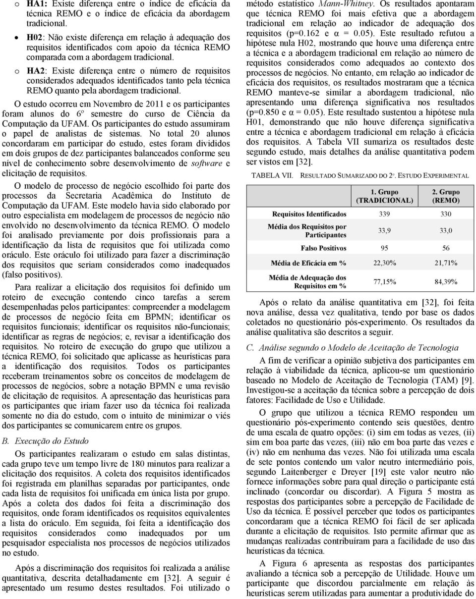 o HA2: Existe diferença entre o número de requisitos considerados adequados identificados tanto pela técnica REMO quanto pela abordagem tradicional.