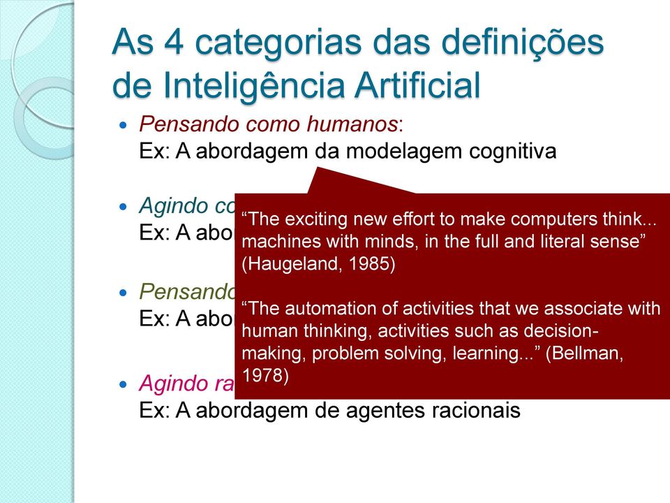 .. machines with minds, in the full and literal sense (Haugeland, 1985) Pensando racionalmente: Ex: A abordagem das leis do pensamento The