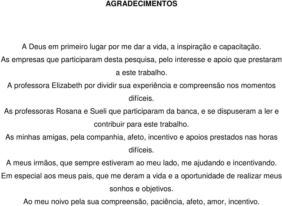 A professora Elizabeth por dividir sua experiência e compreensão nos momentos difíceis.