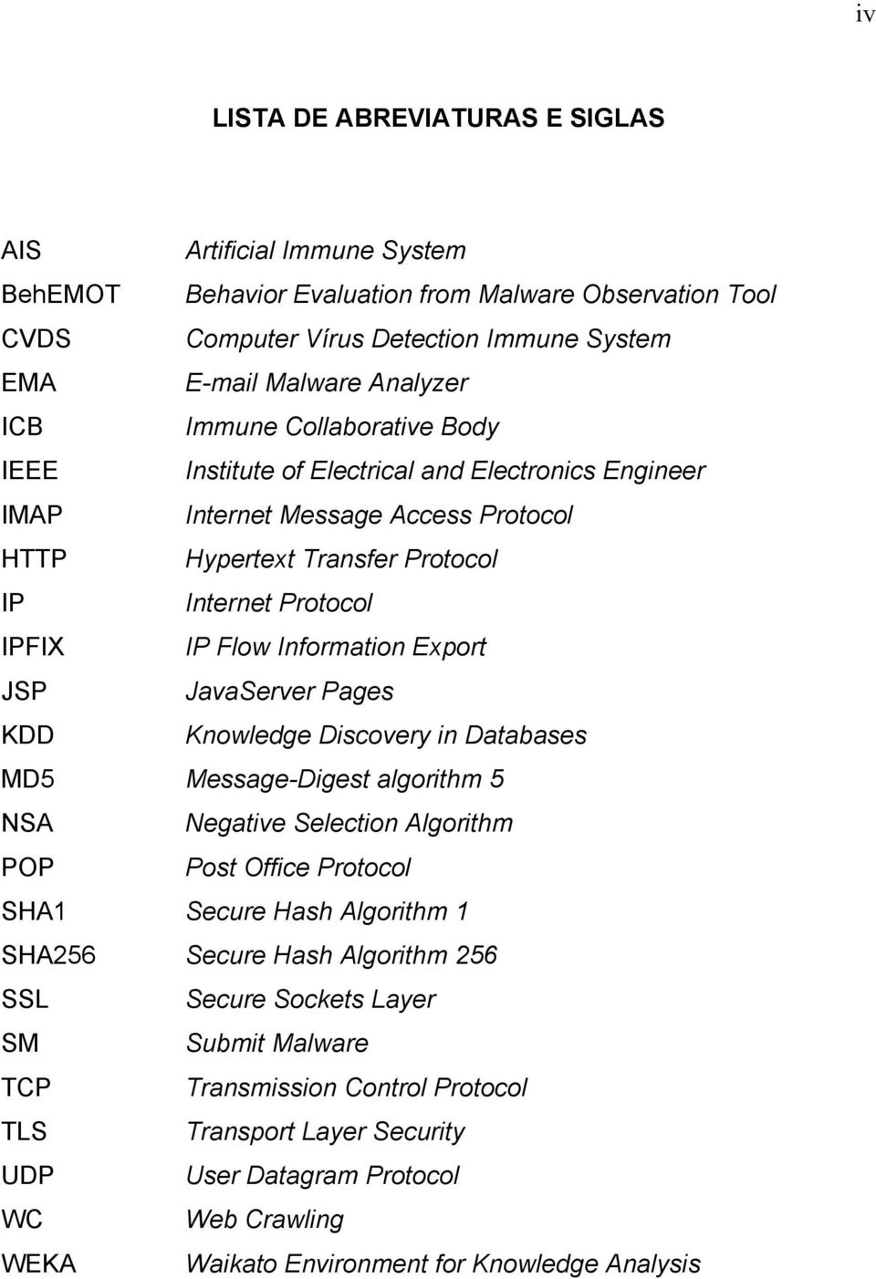 Export JSP JavaServer Pages KDD Knowledge Discovery in Databases MD5 Message-Digest algorithm 5 NSA Negative Selection Algorithm POP Post Office Protocol SHA1 Secure Hash Algorithm 1 SHA256 Secure