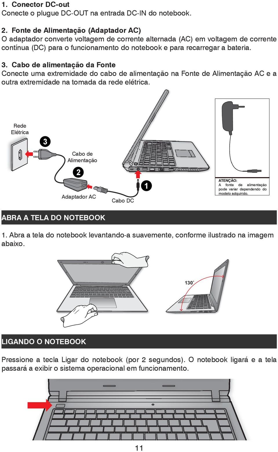 Cabo de alimentação da Fonte Conecte uma extremidade do cabo de alimentação na Fonte de Alimentação AC e a outra extremidade na tomada da rede elétrica.