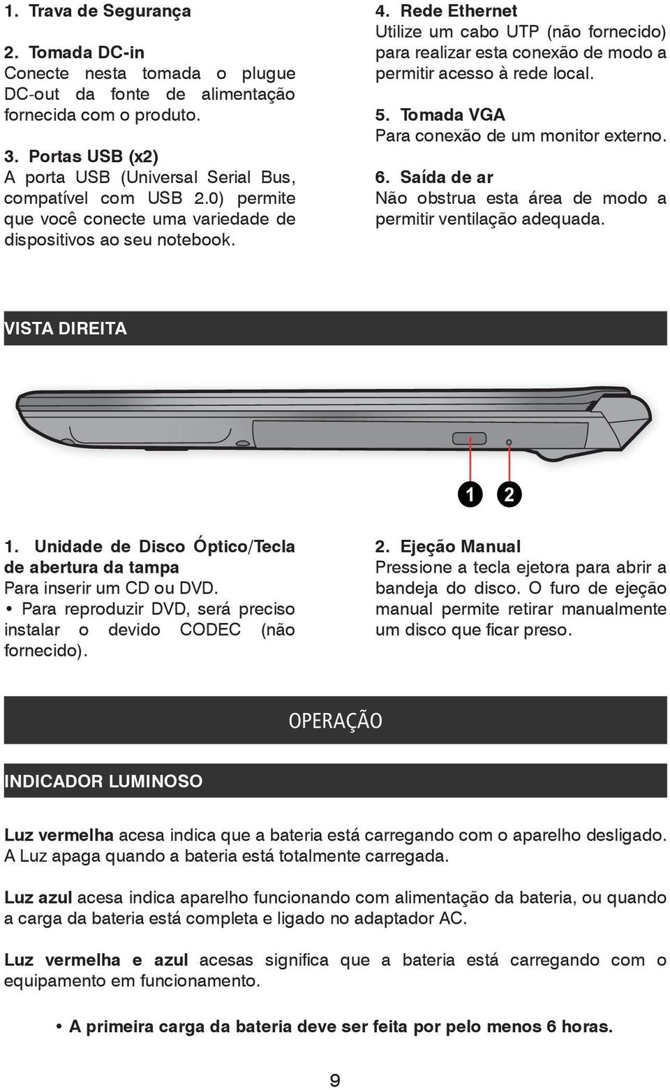 Tomada VGA Para conexão de um monitor externo. 6. Saída de ar Não obstrua esta área de modo a permitir ventilação adequada. VISTA DIREITA 1 2 1.