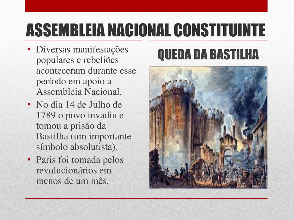 No dia 14 de Julho de 1789 o povo invadiu e tomou a prisão da Bastilha (um