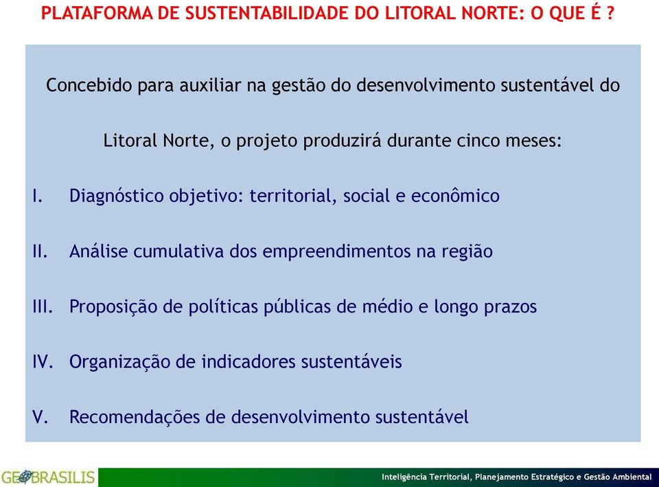 cinco meses: I. Diagnóstico objetivo: territorial, social e econômico II.