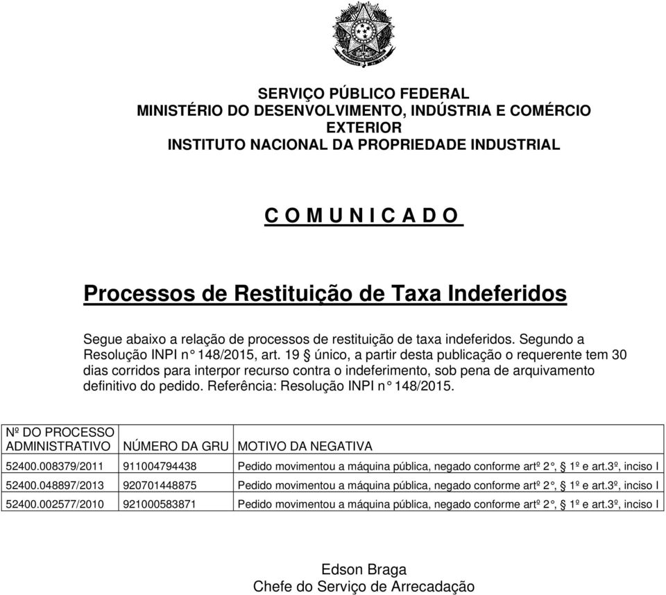 19 único, a partir desta publicação o requerente tem 30 dias corridos para interpor recurso contra o indeferimento, sob pena de arquivamento definitivo do pedido.