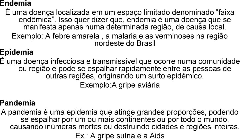 Exemplo: A febre amarela, a malaria e as verminoses na região nordeste do Brasil Epidemia É uma doença infecciosa e transmissível que ocorre numa comunidade ou região e pode se