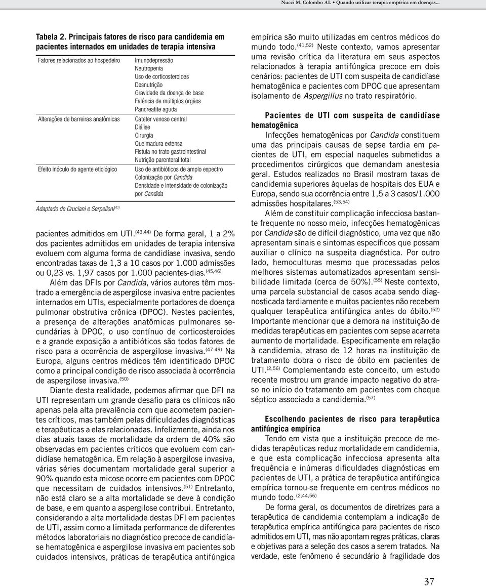 etiológico Adaptado de Cruciani e Serpelloni (41) Imunodepressão Neutropenia Uso de corticosteroides Desnutrição Gravidade da doença de base Falência de múltiplos órgãos Pancreatite aguda Cateter