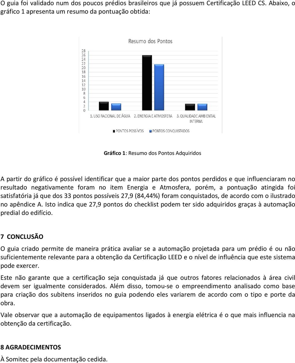 influenciaram no resultado negativamente foram no item Energia e Atmosfera, porém, a pontuação atingida foi satisfatória já que dos 33 pontos possíveis 27,9 (84,44%) foram conquistados, de acordo com