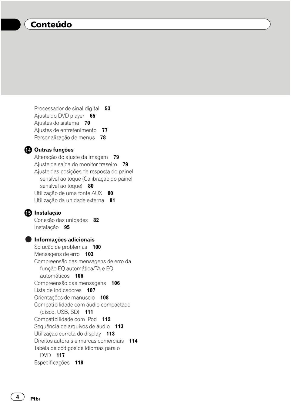 Instalação Conexão das unidades 82 Instalação 95 Informações adicionais Solução de problemas 100 Mensagens de erro 103 Compreensão das mensagens de erro da função EQ automática/ta e EQ automáticos