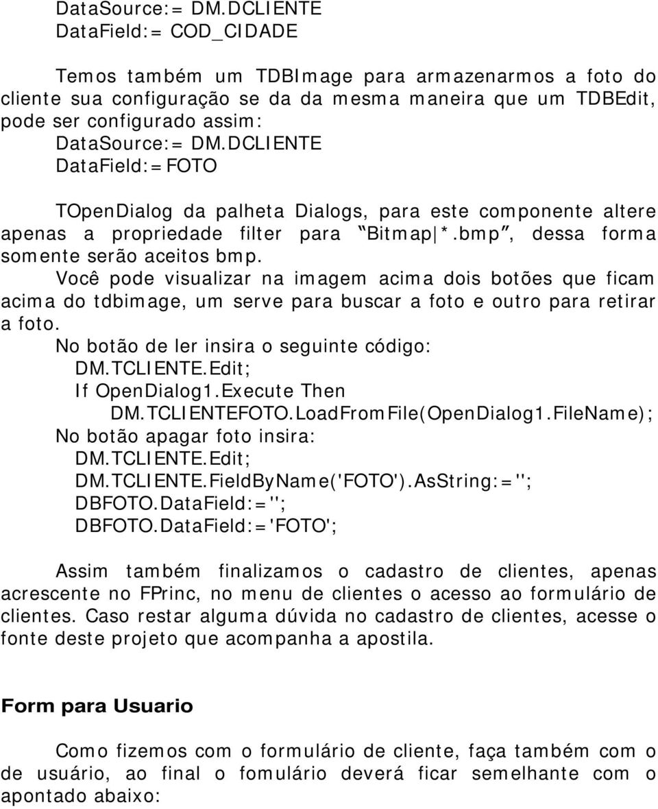 DataField:=FOTO TOpenDialog da palheta Dialogs, para este componente altere apenas a propriedade filter para Bitmap *.bmp, dessa forma somente serão aceitos bmp.