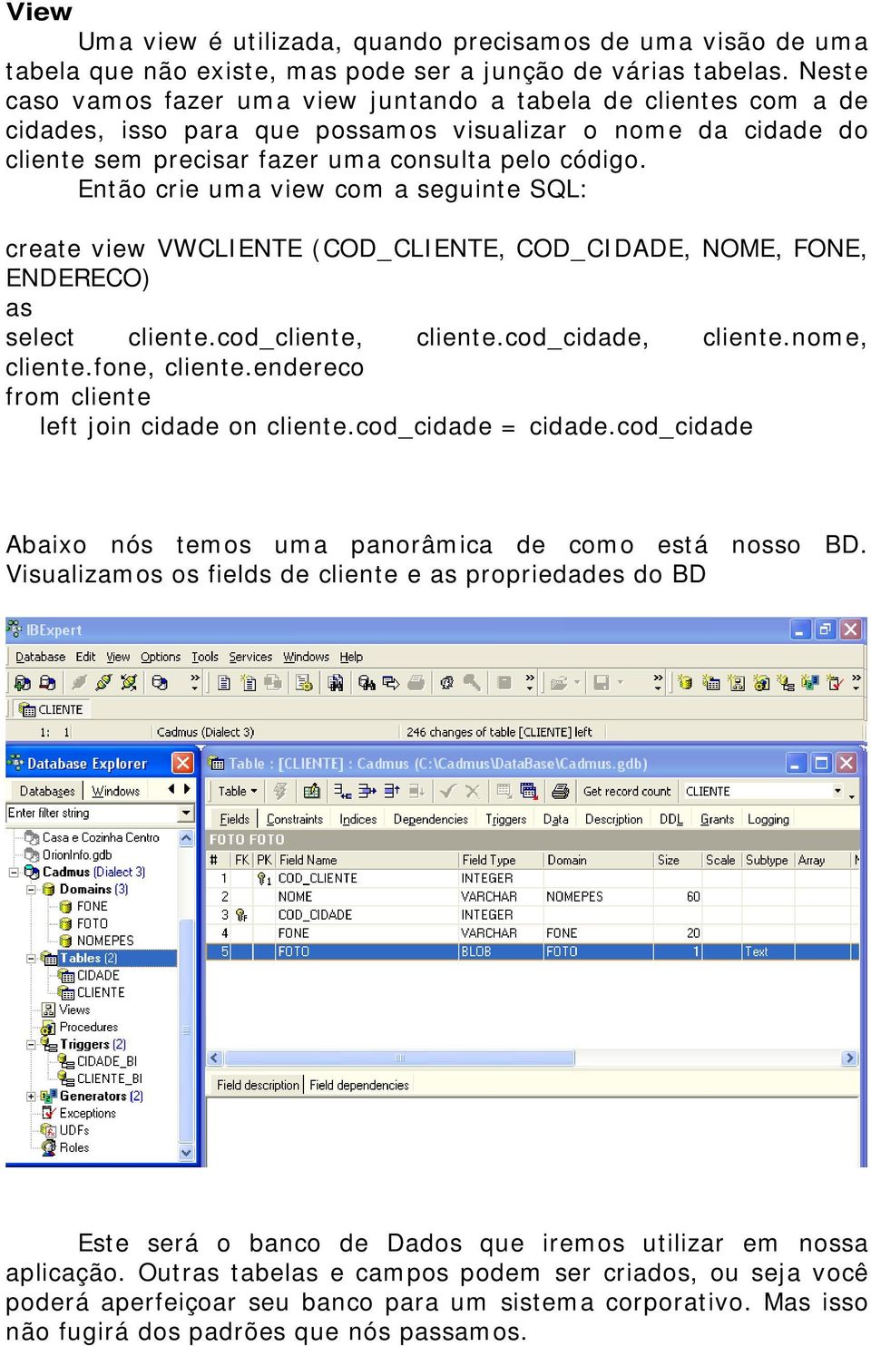 Então crie uma view com a seguinte SQL: create view VWCLIENTE (COD_CLIENTE, COD_CIDADE, NOME, FONE, ENDERECO) as select cliente.cod_cliente, cliente.cod_cidade, cliente.nome, cliente.fone, cliente.